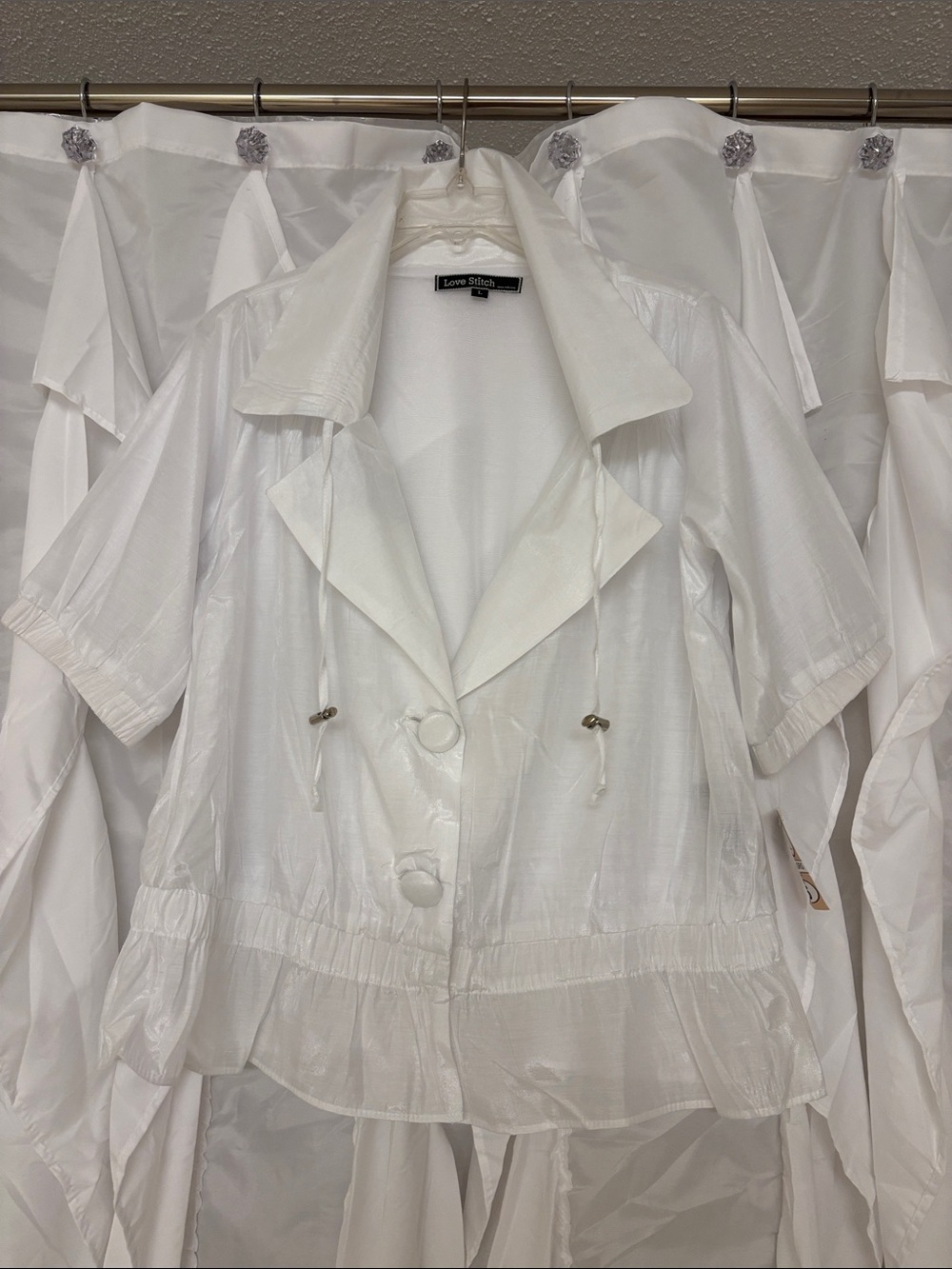 Love Stitch White Short Sleeve Button-Front Drawstring Jacket